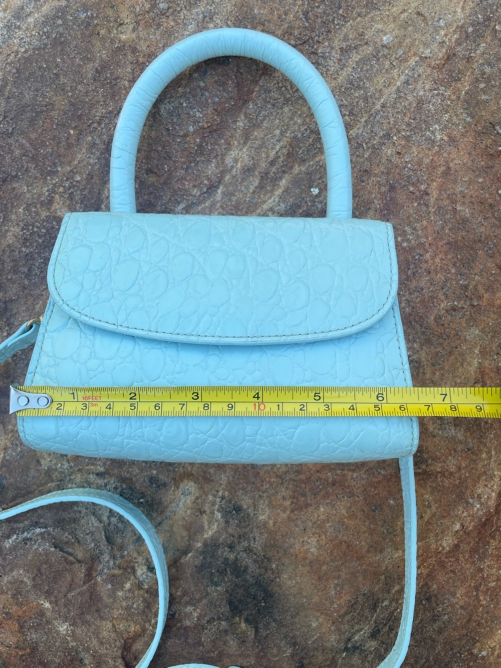 BY FAR Light Blue Croc-Embossed Mini Top-Handle Bag with Crossbody Strap (CdlG) - Picture 6 of 12